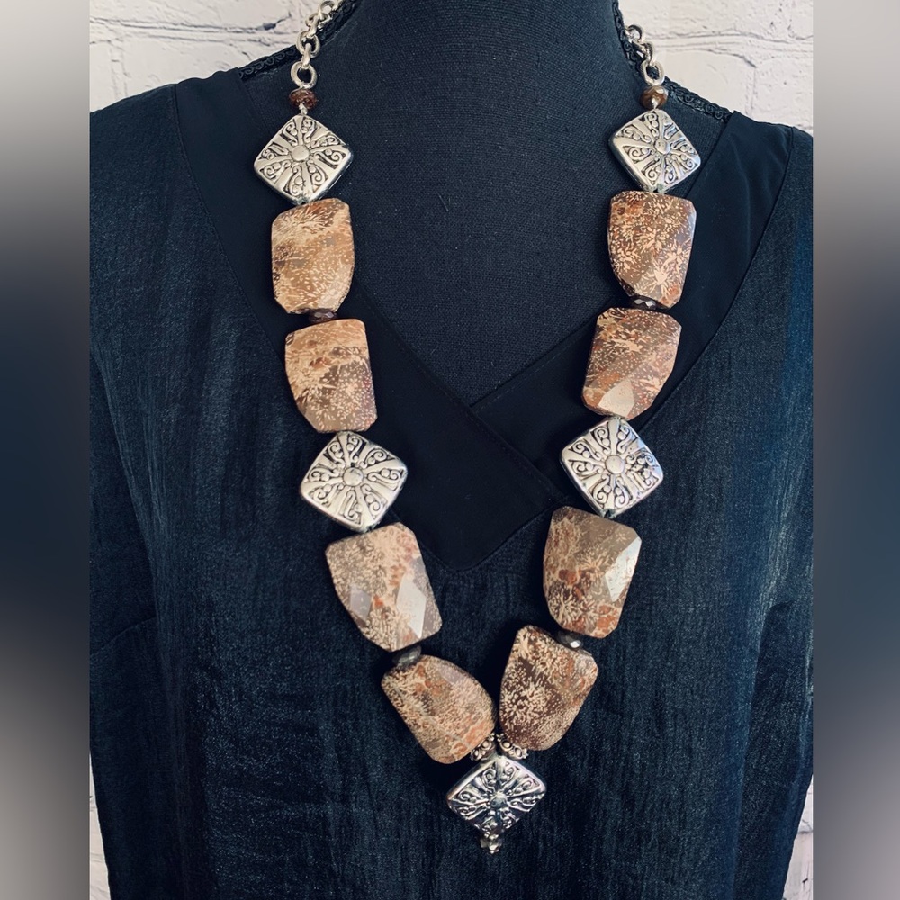 Starburst Jasper Stone and Silver Bead Artisan Necklace